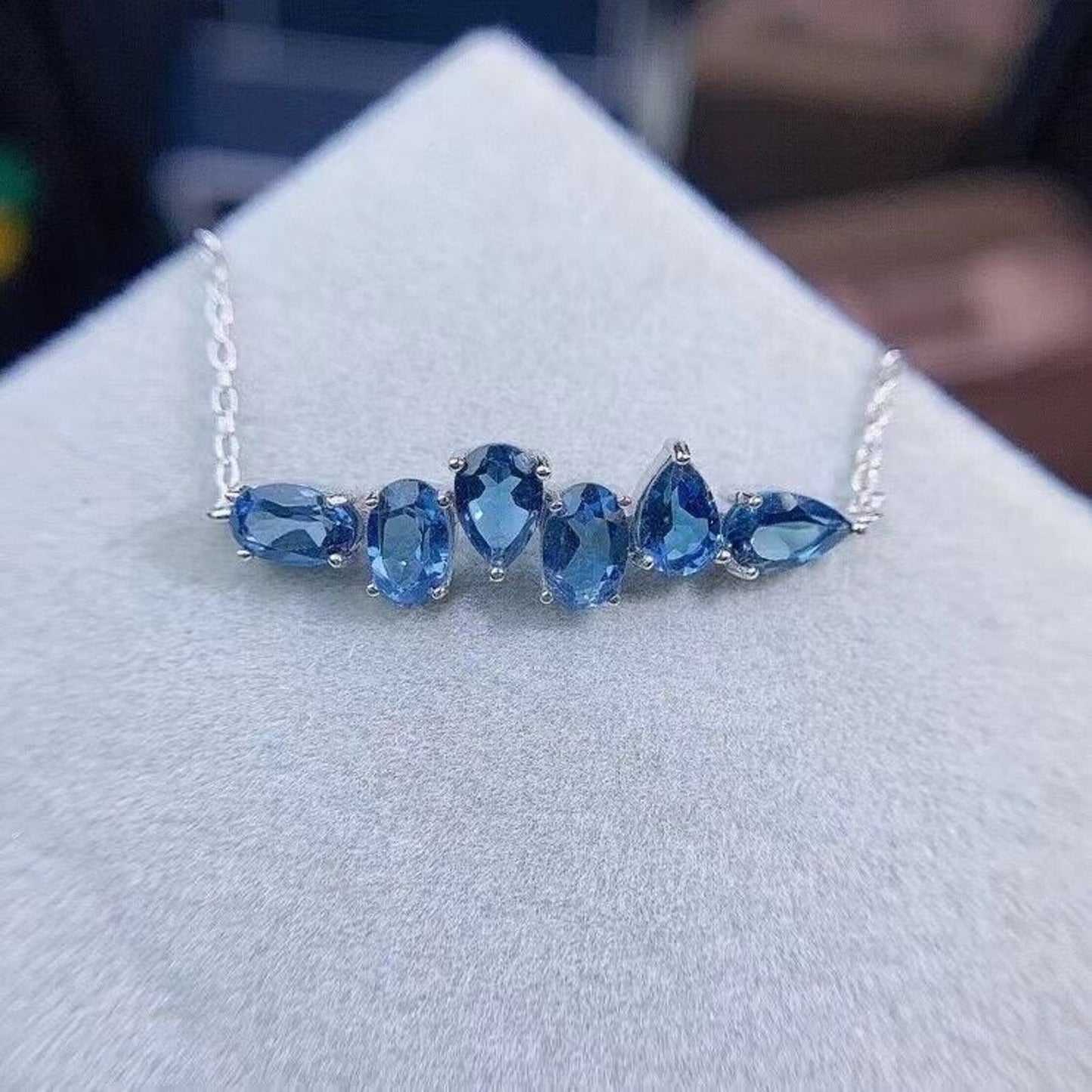 Natural Blue Topaz Dainty Chain Bracelet, 925 Sterling Silver Blue Topaz 4x6mm