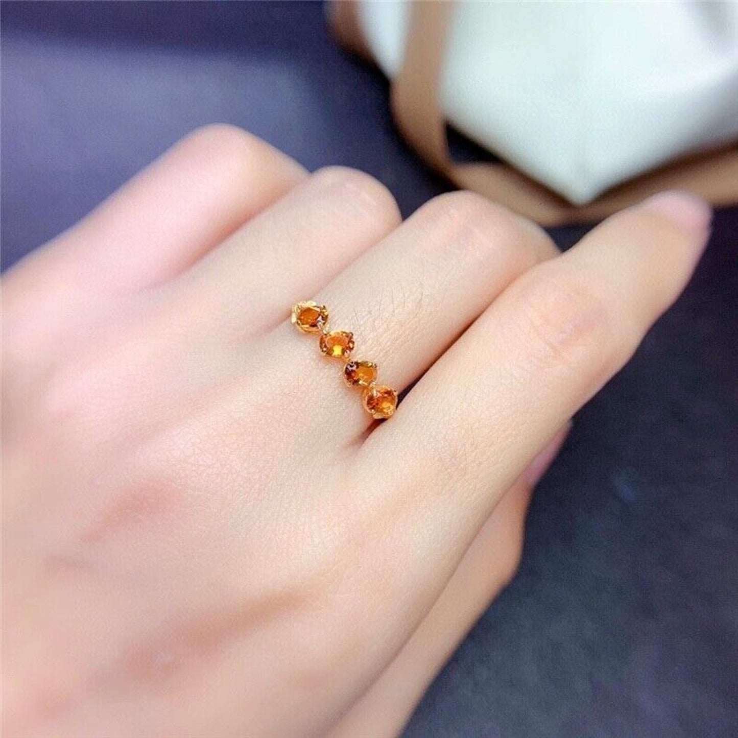 Natural Citrine Gemstone Band Ring 3x4mm Sterling Silver