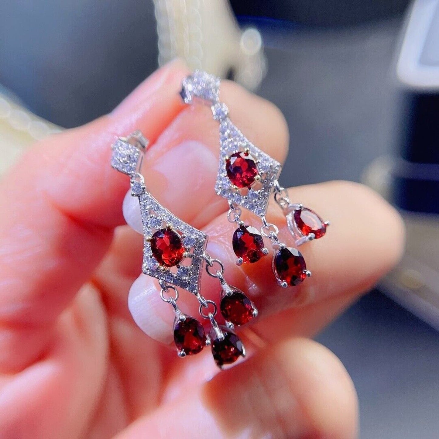 Natural Red Garnet Dangle Earrings 4x5mm Platinum Plated