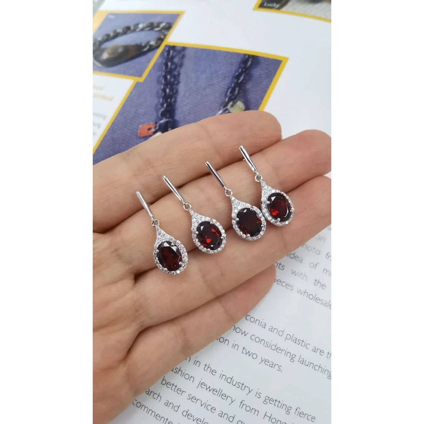 Dark Red Garnet Dangle Earrings 6x8mm Platinum Plated