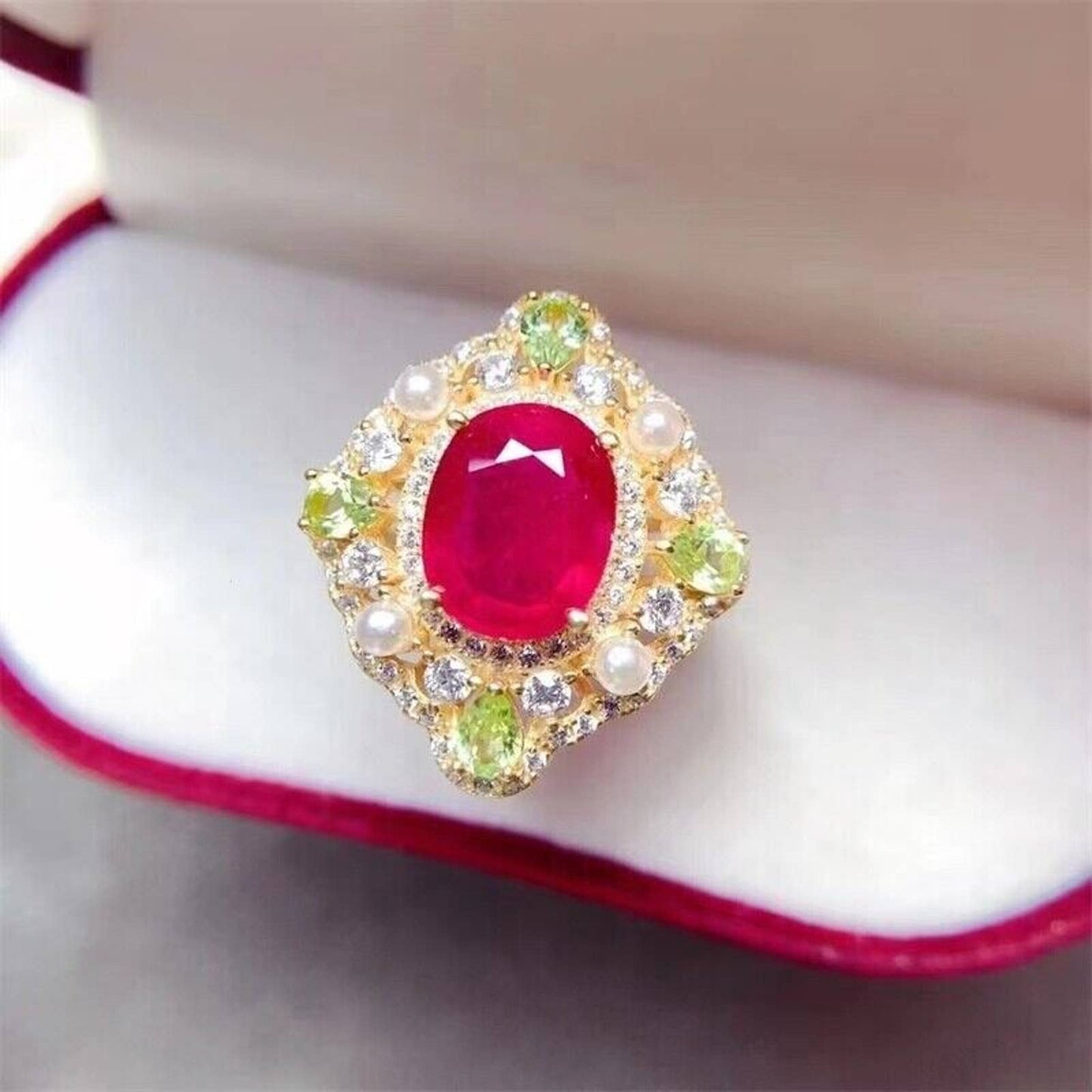 Ruby and Peridot Vintage Ring, Women's Vintage Ruby Ruby Ring, Sterling Silver