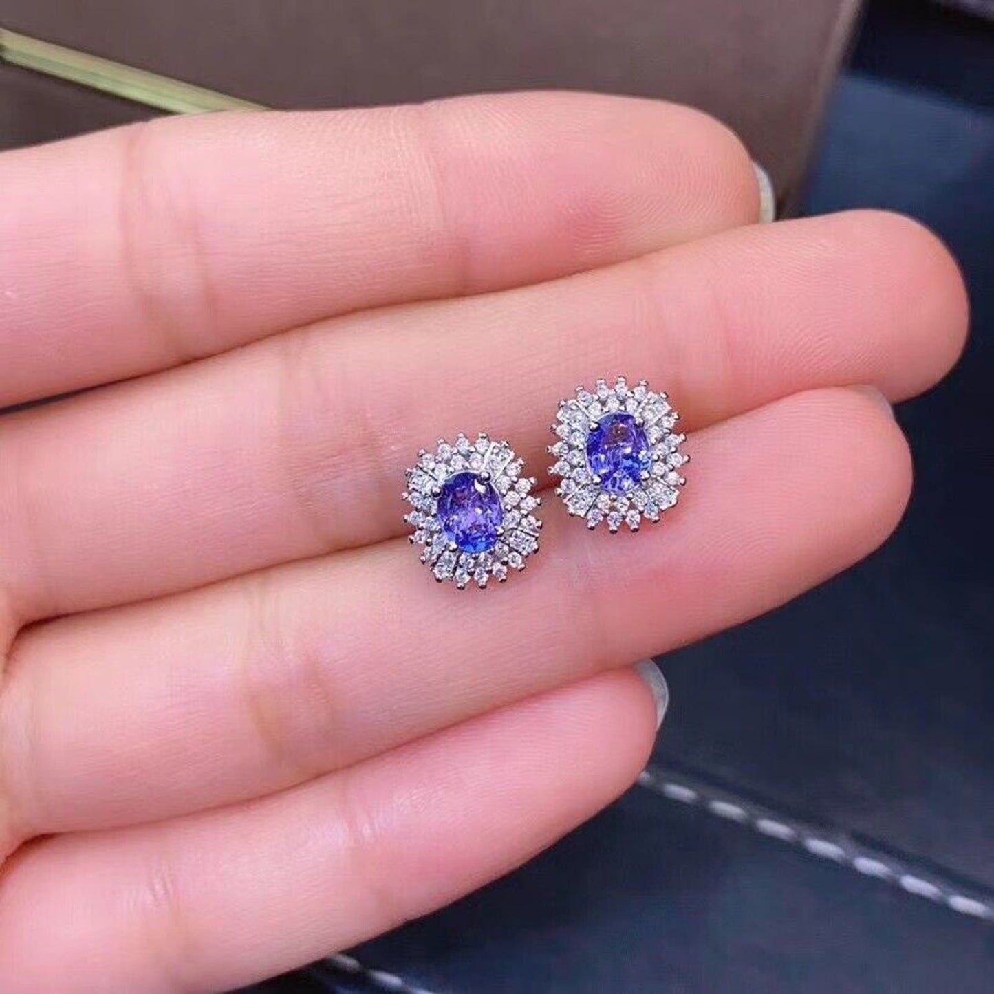 Purple Tanzanite Cluster Stud Earrings 4x5mm Platinum Plated