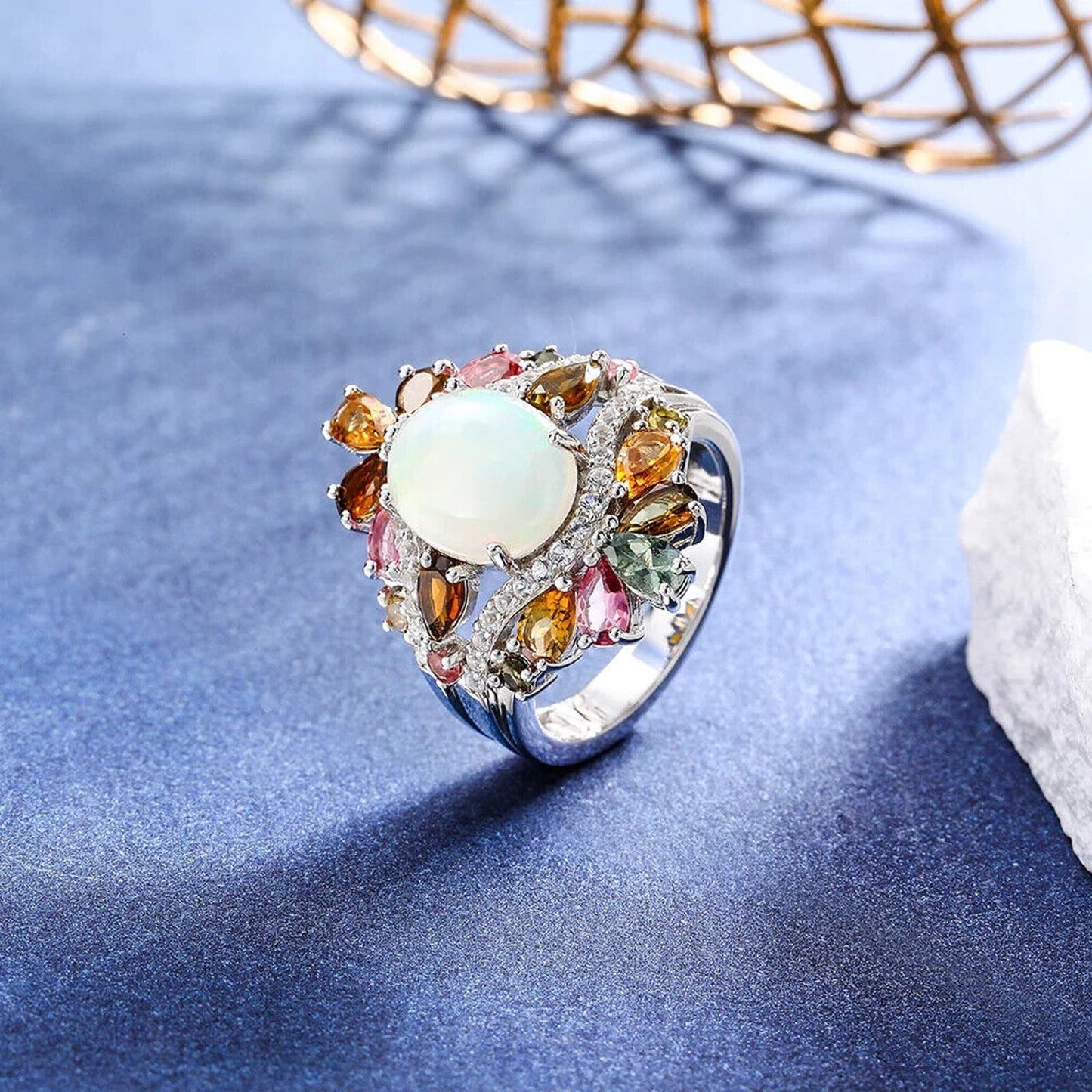 Fire Opal and Tourmaline Cluster Statement Ring