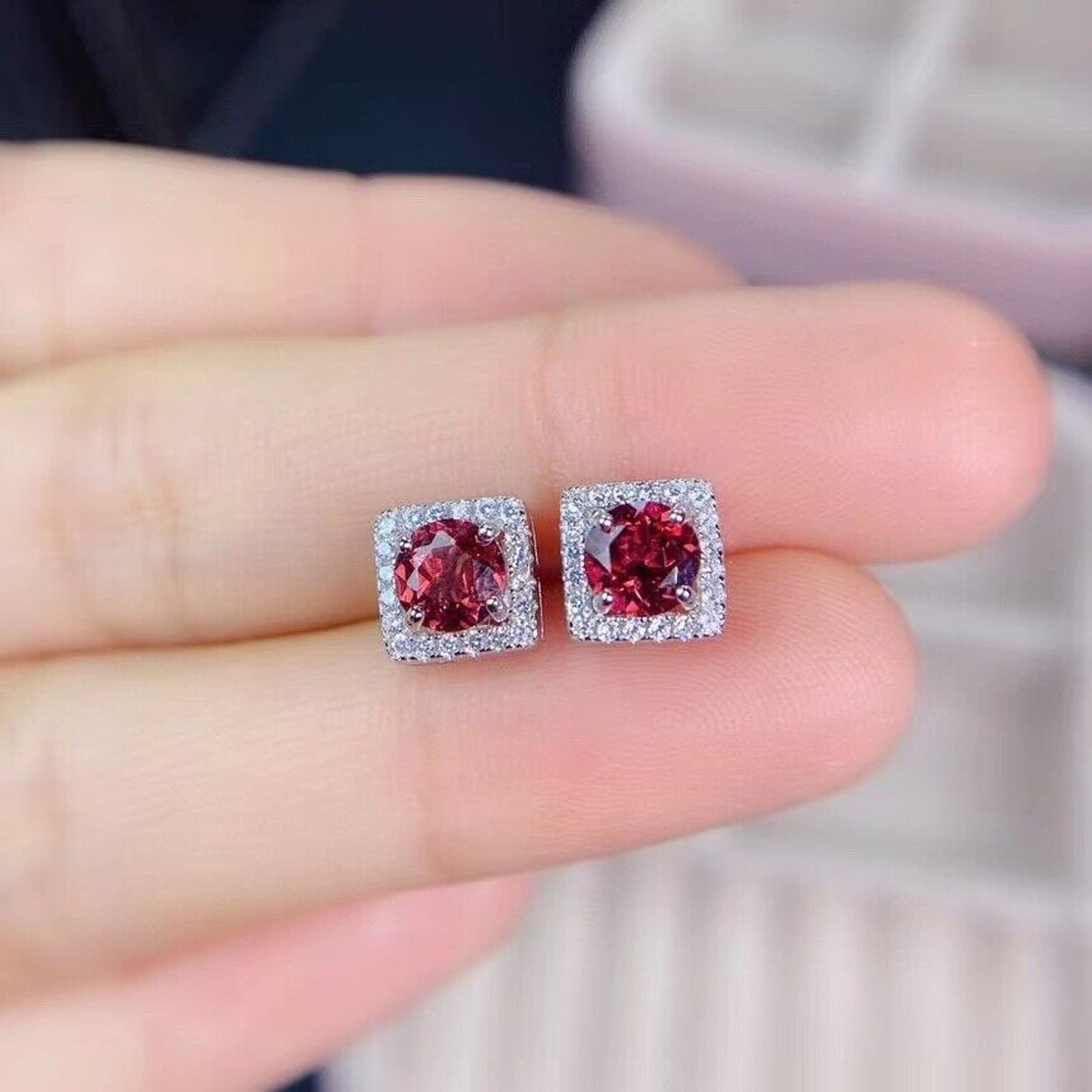 Red Garnet Stud Earrings 5mm Platinum Plated