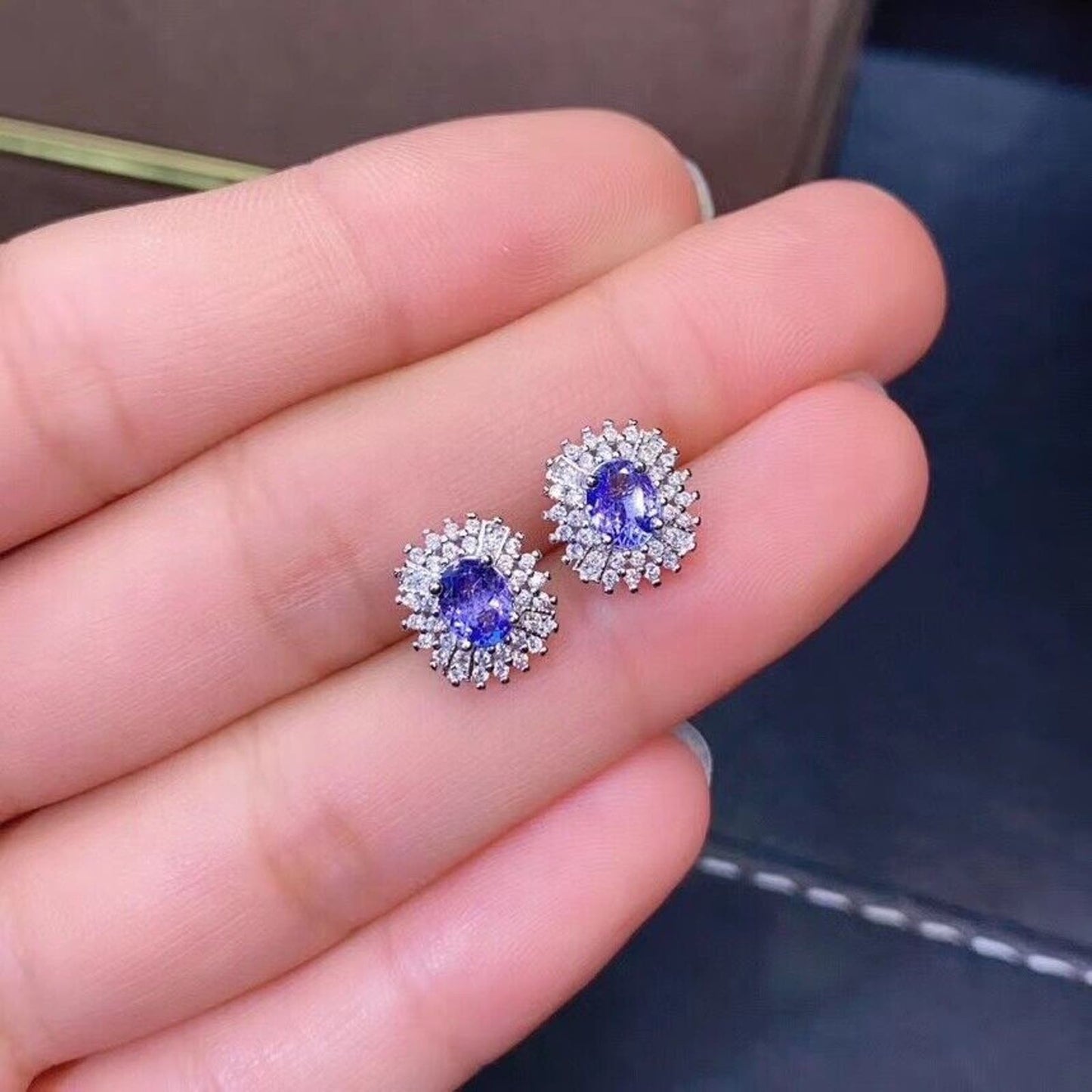 Purple Tanzanite Cluster Stud Earrings 4x5mm Platinum Plated