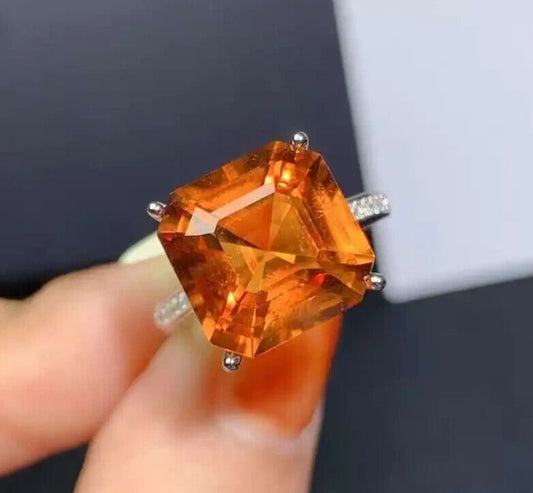 Asscher Cut Citrine Gemstone Ring, 12mm Sterling Silver