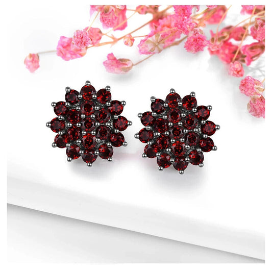 Red Garnet Flower Cluster Stud Earrings 2.5mm Sterling Silver