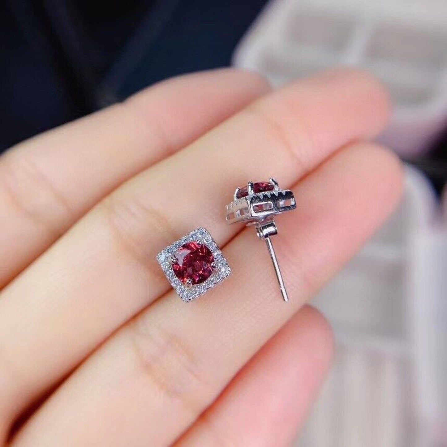 Red Garnet Stud Earrings 5mm Platinum Plated