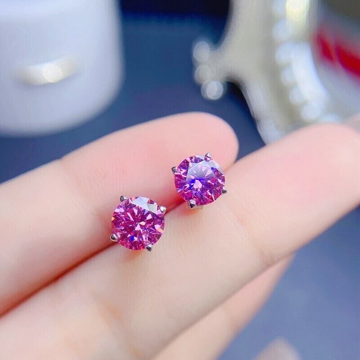 Pink Moissanite Stud Earrings, Women's VVS1 1 Carat Pink Moissanite Earrings