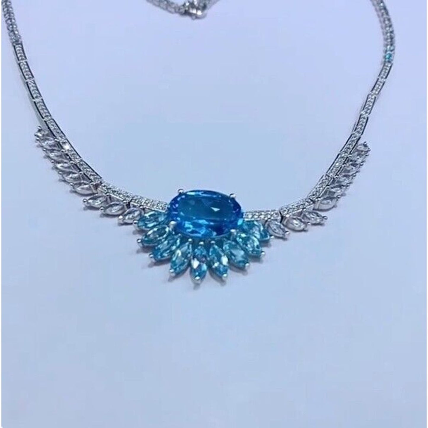 Swiss Blue Topaz Collar Statement Necklace 10x14mm