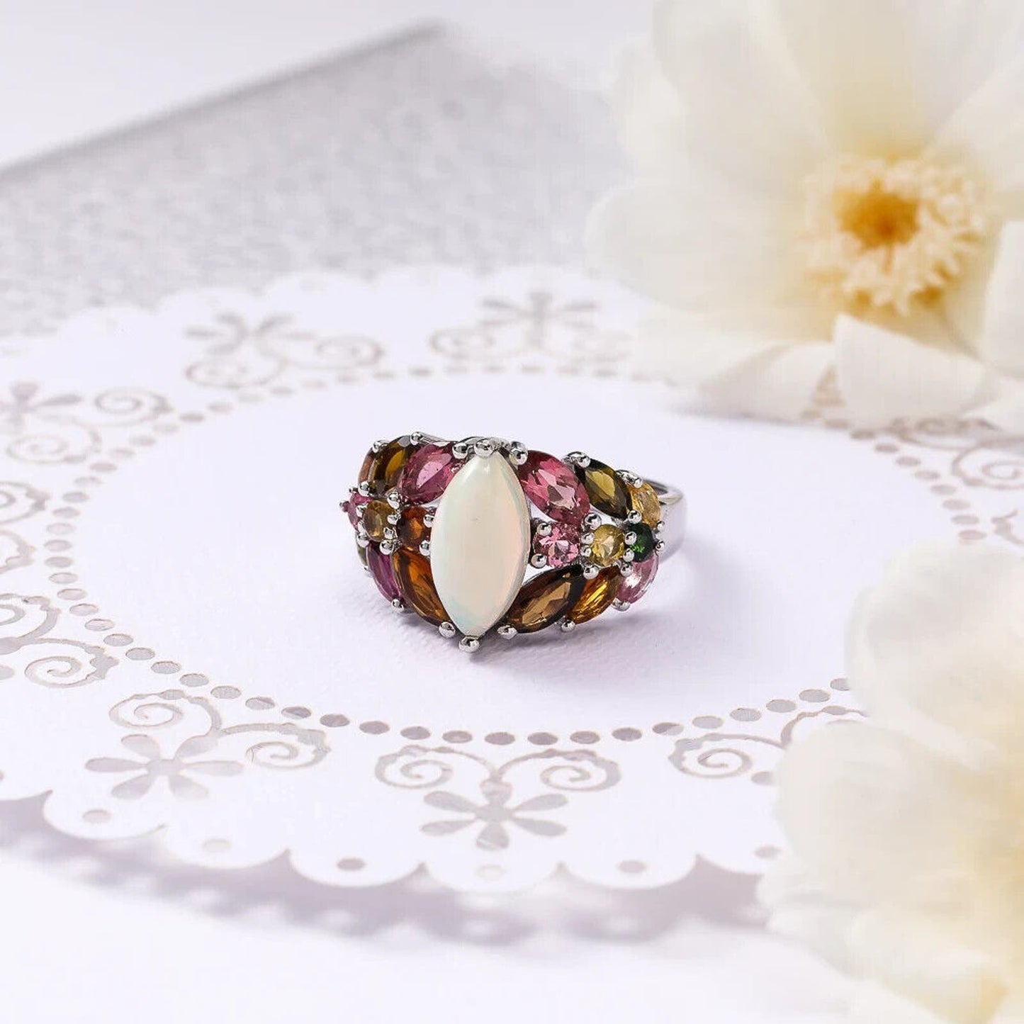 Marquise Cut Opal and Multicolor Tourmaline Gemstone Ring