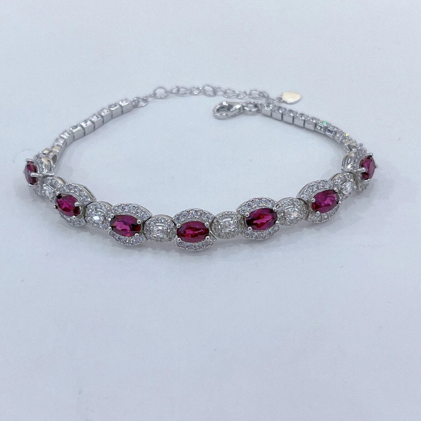 Red Garnet and Cubic Zirconia Tennis Bracelet 4x6mm Platinum