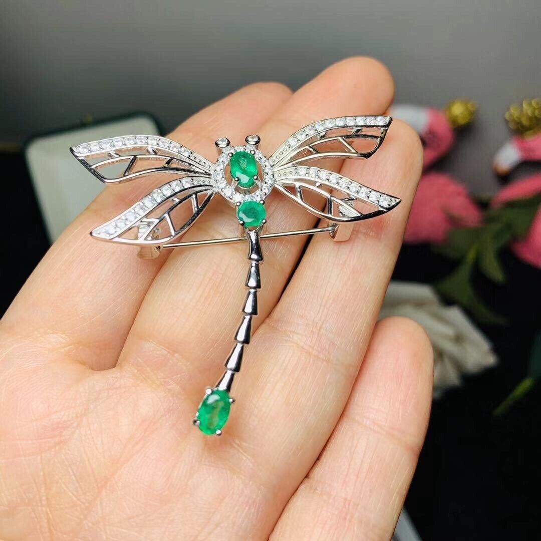 Natural Mined Colombian Emerald Dragonfly Brooch Pin, Natural Emerald Brooch Pin