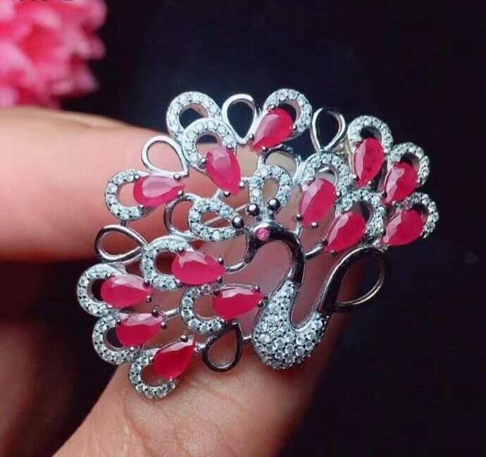 Natural Pink Ruby Peacock Brooch Pin, VVS Grade Pink Burma Ruby Brooch Sterling