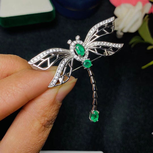 Natural Mined Colombian Emerald Dragonfly Brooch Pin, Natural Emerald Brooch Pin