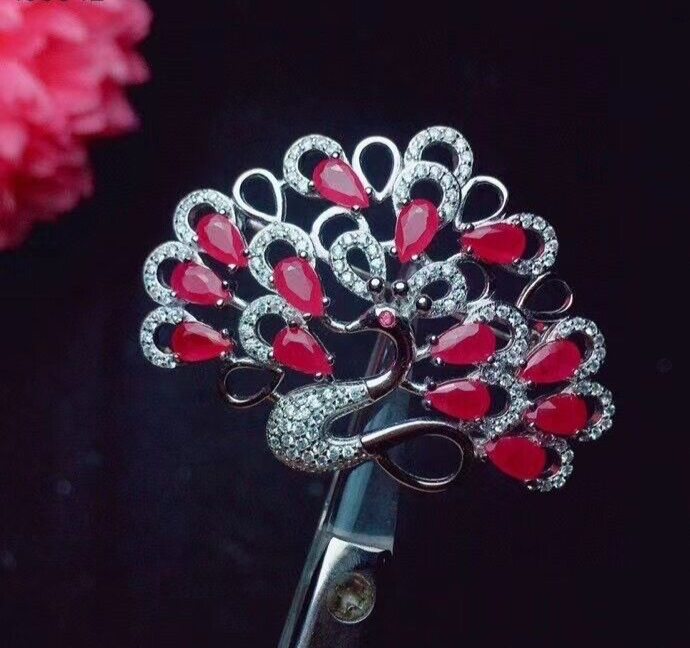 Natural Pink Ruby Peacock Brooch Pin, VVS Grade Pink Burma Ruby Brooch Sterling