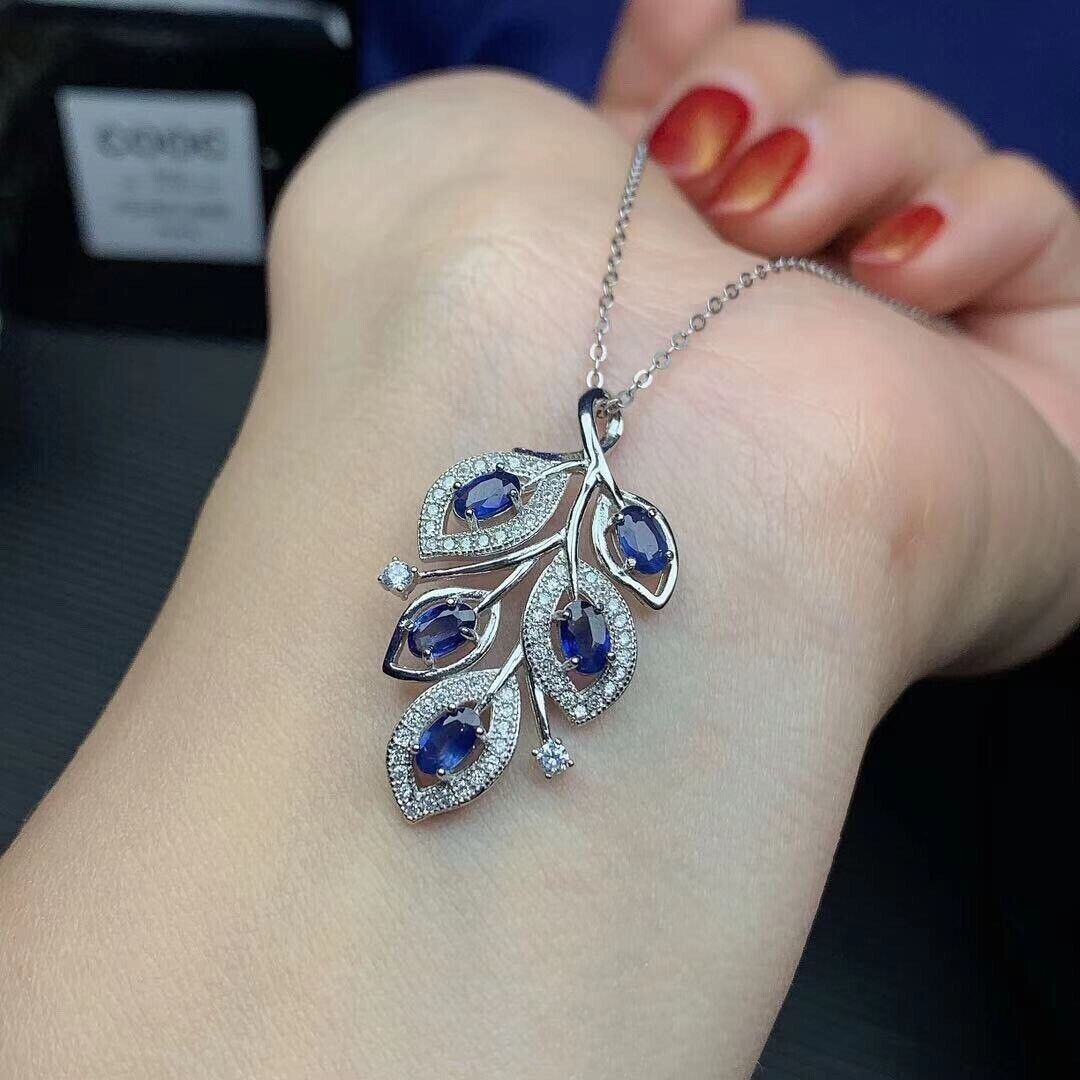 Natural Blue Sapphire Leaf Pendant Necklace, Platinum Plated Sapphire Pendant