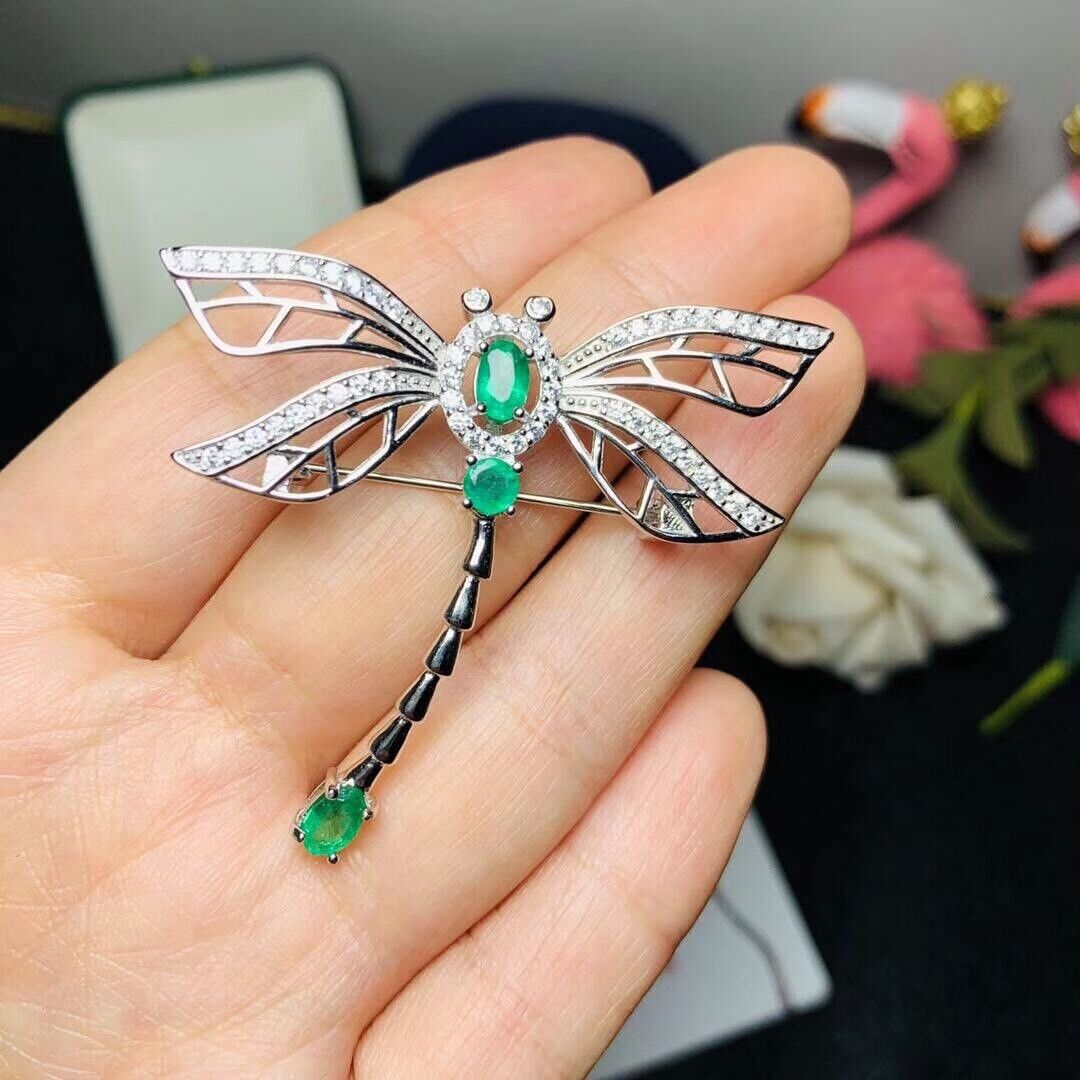 Natural Mined Colombian Emerald Dragonfly Brooch Pin, Natural Emerald Brooch Pin