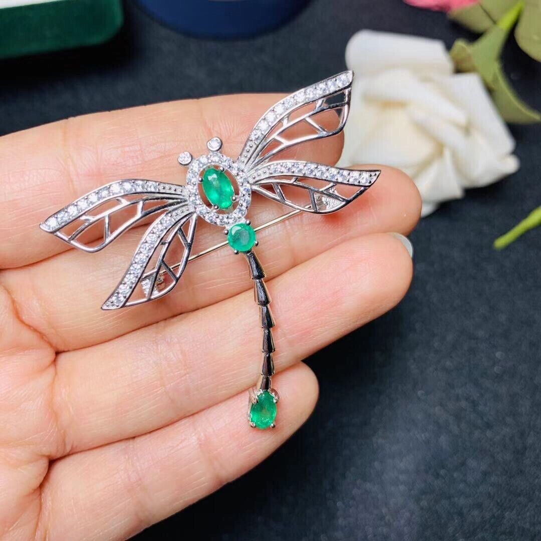 Natural Mined Colombian Emerald Dragonfly Brooch Pin, Natural Emerald Brooch Pin