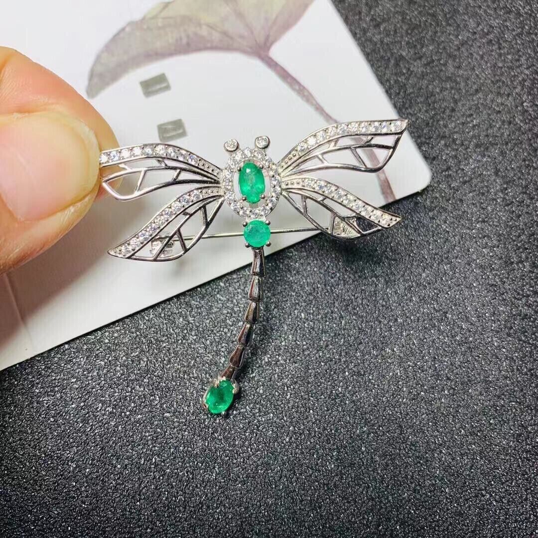 Natural Mined Colombian Emerald Dragonfly Brooch Pin, Natural Emerald Brooch Pin