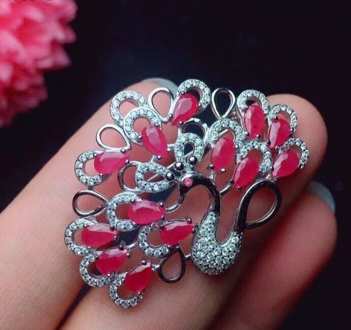 Natural Pink Ruby Peacock Brooch Pin, VVS Grade Pink Burma Ruby Brooch Sterling