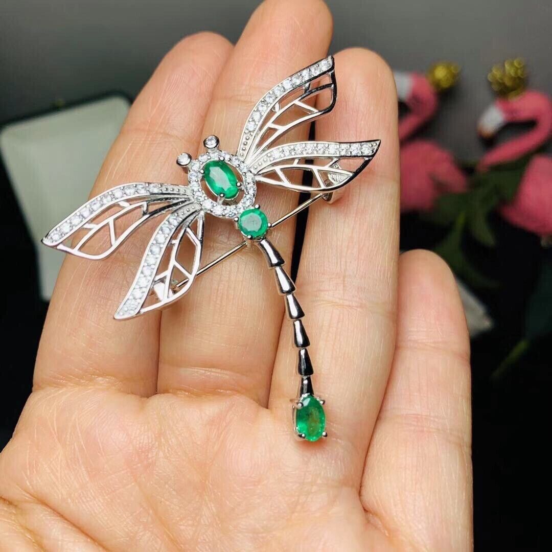 Natural Mined Colombian Emerald Dragonfly Brooch Pin, Natural Emerald Brooch Pin