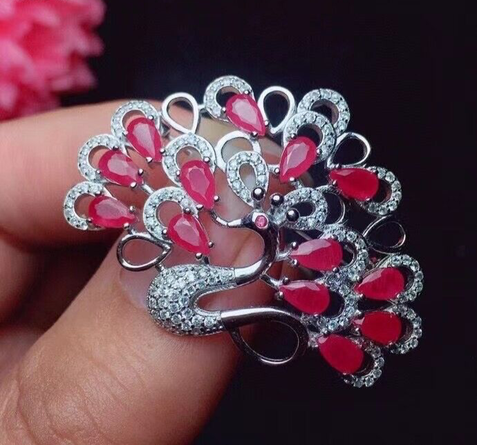 Natural Pink Ruby Peacock Brooch Pin, VVS Grade Pink Burma Ruby Brooch Sterling