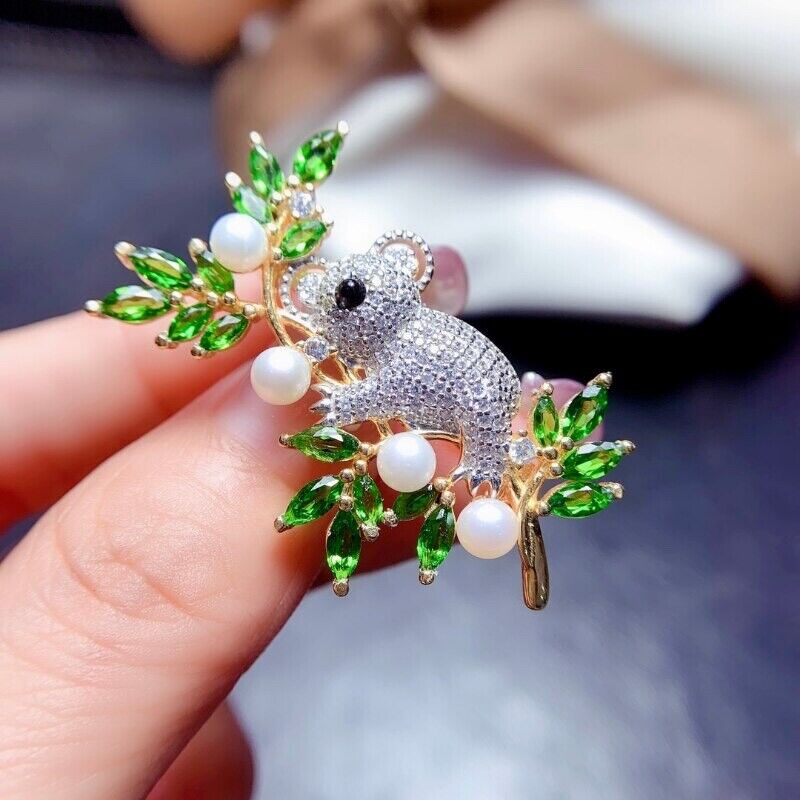 Koala Bear and Diopside Bamboo Brooch Pink, Natural Diopside Brooch, Koala Bear