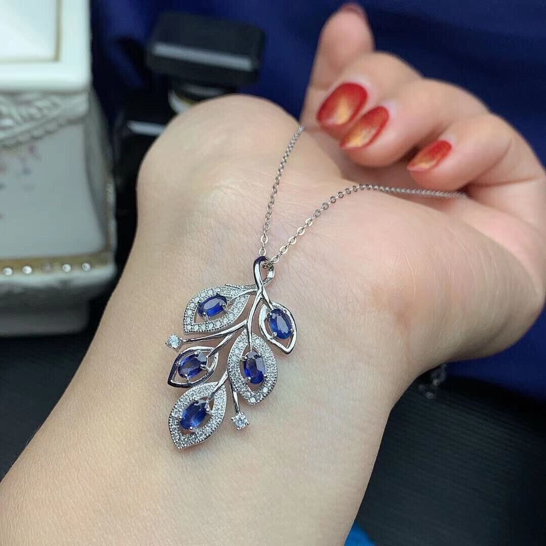 Natural Blue Sapphire Leaf Pendant Necklace, Platinum Plated Sapphire Pendant