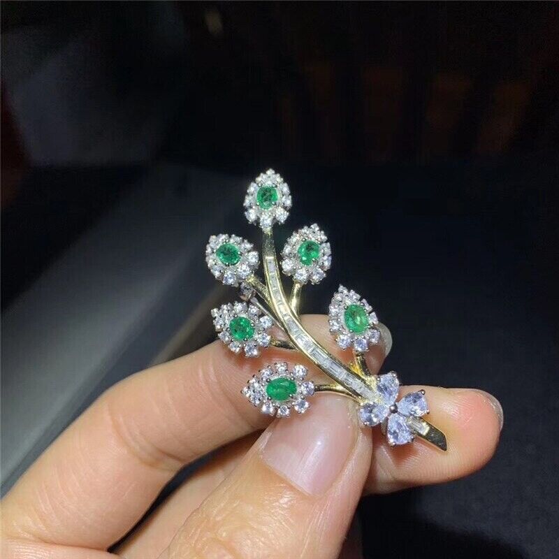 Natural Emerald Leaf Brooch Pin 3x4mm Sterling Silver