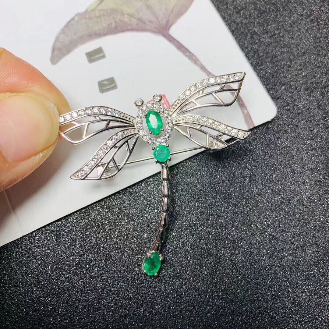 Natural Mined Colombian Emerald Dragonfly Brooch Pin, Natural Emerald Brooch Pin