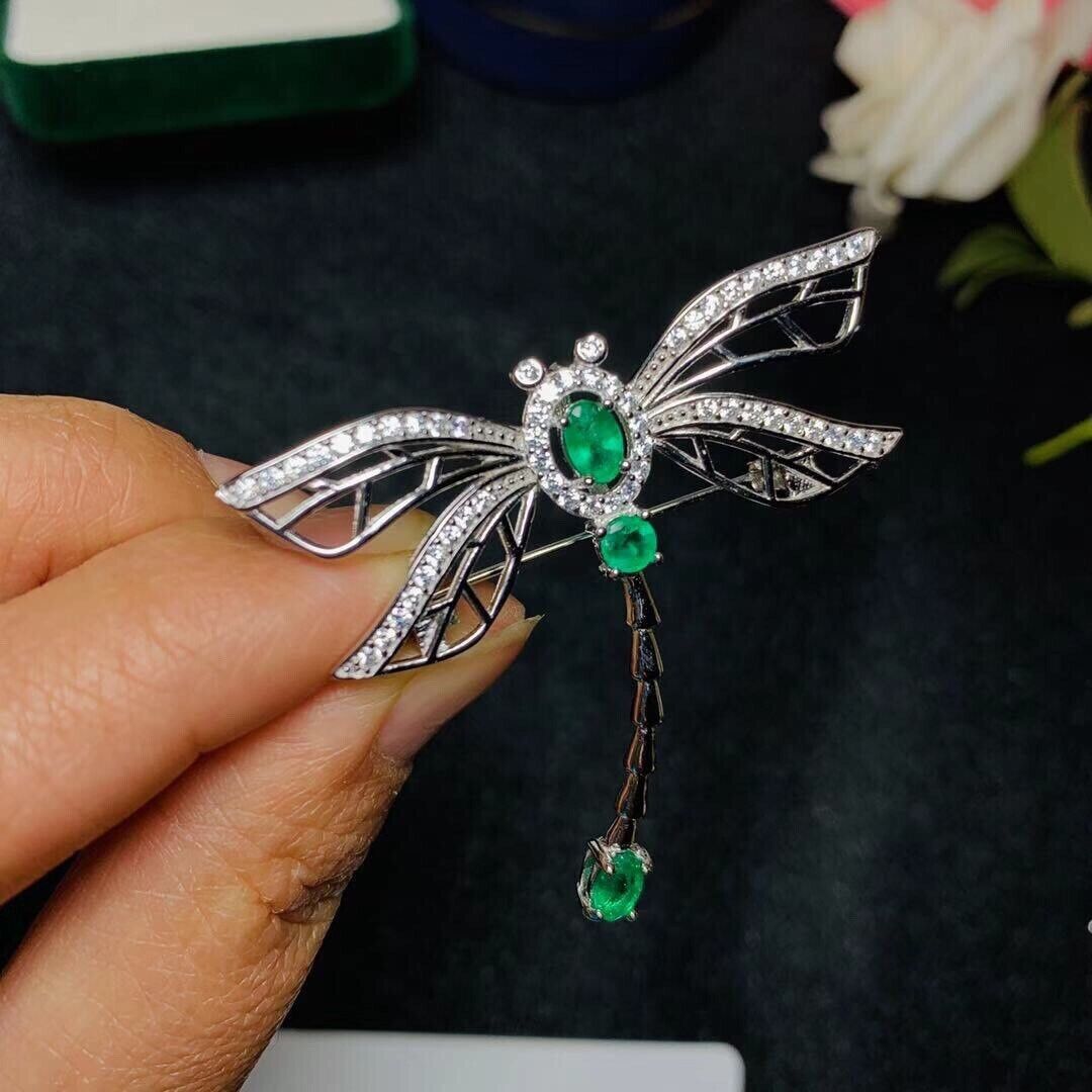 Natural Mined Colombian Emerald Dragonfly Brooch Pin, Natural Emerald Brooch Pin